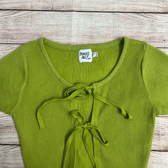 Princess Polly Womens 6 Crop Top Green Ribbed Tie Front Short Sleeve Y2K - Picture 10 of 11